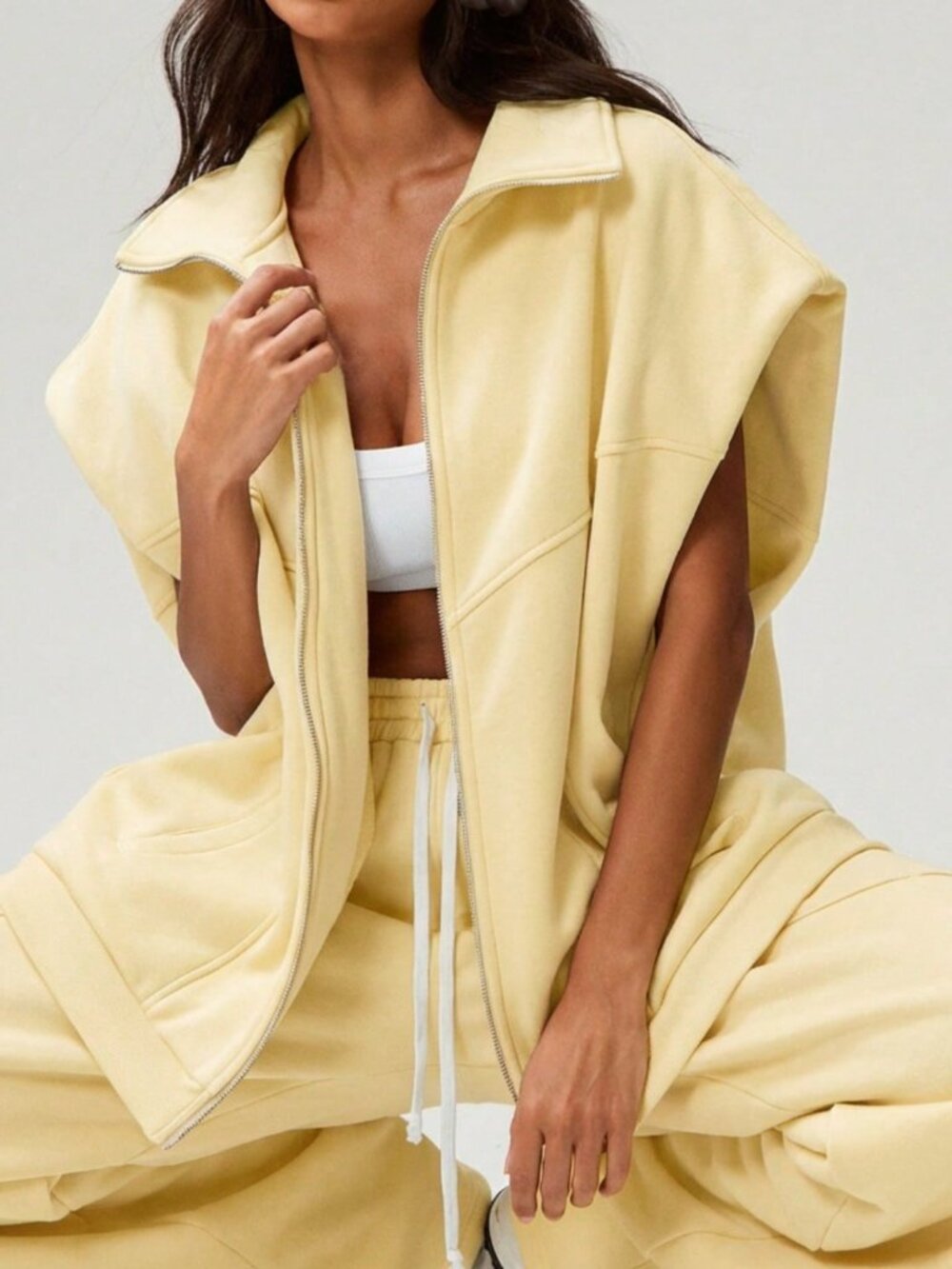 Light Yellow Casual Women's Plain Long Zip-Up Sweatshirt Vest